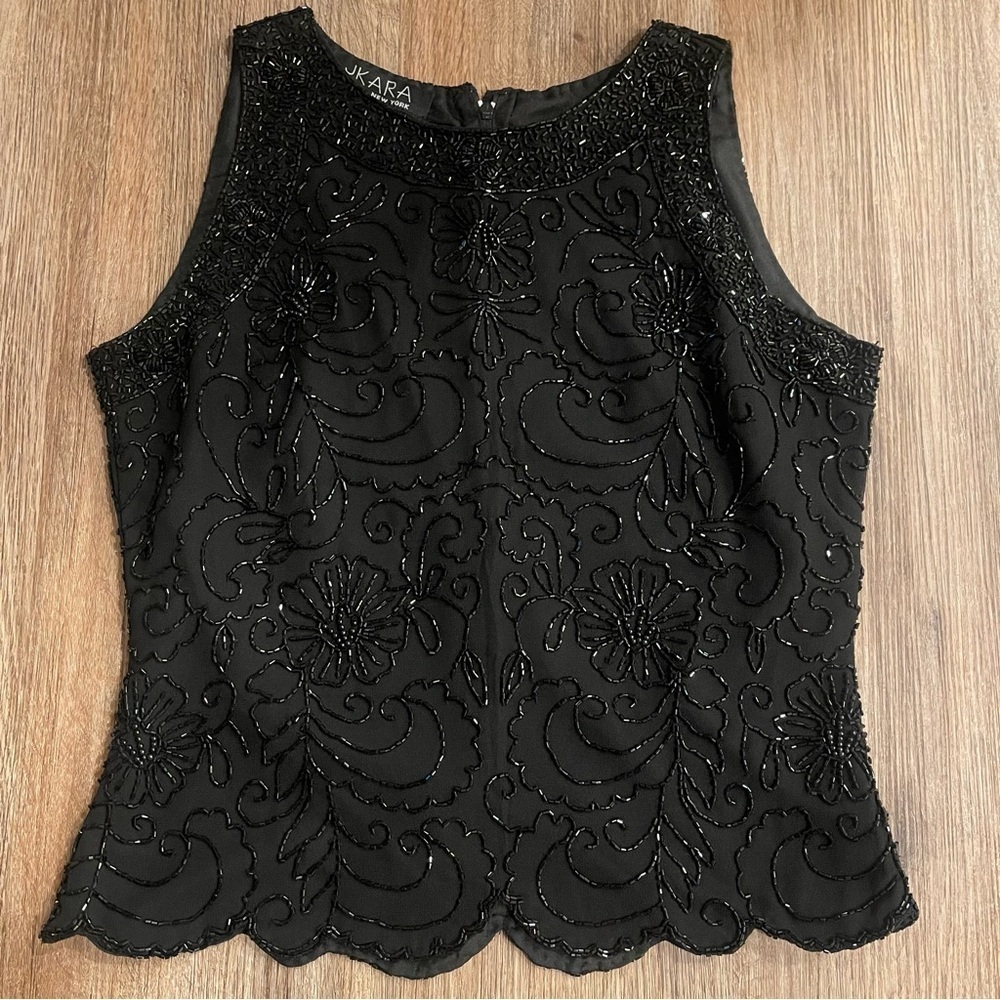 Vtg JKARA Blouse Women Small Black Beaded Shimmer Hollywood Glam Cropped 90s Y2K